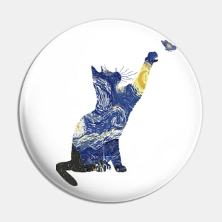 Cat With Butterflies Classic Cat Van Gogh - Starry Night Cat Pin