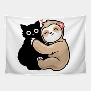 Funny Cat Sloth Loves Black Kitty Cat Tapestry