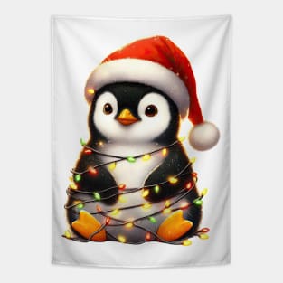 Penguin Wrapped In Christmas Lights Tapestry