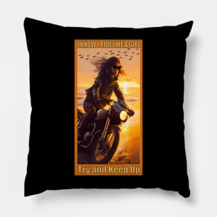 Girl on a Motorcycle by the Ocean Pillow