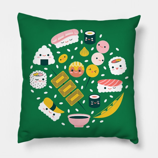 Cute sushi and japanese foods Pillow by Origami Studio