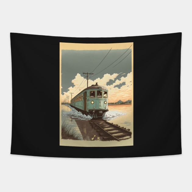 Retro Anime Style Old Japanese Train Tapestry by KaPrints