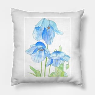 Blue Poppies watercolour painting Pillow