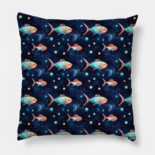 Illustrated Tuna in Space Surrounded by Stars Pillow