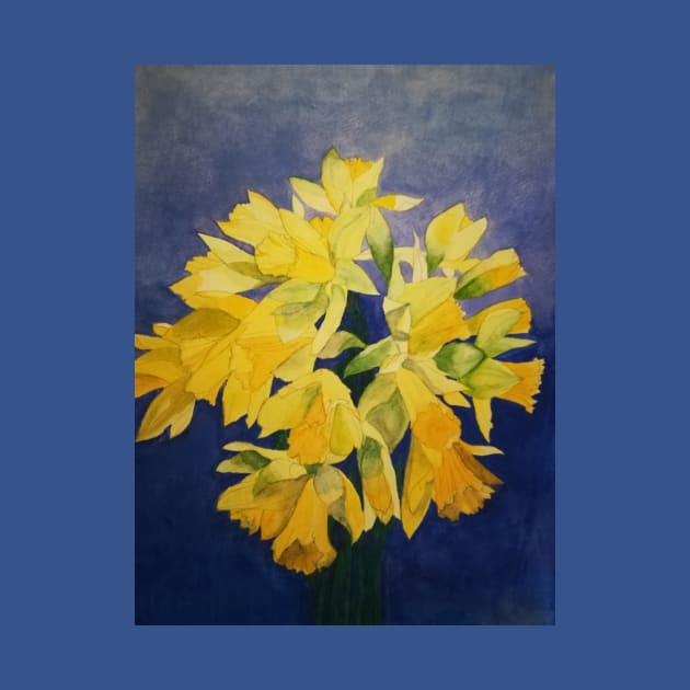 Daffodils watercolour painting with a deep purple blue background. by esvb