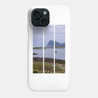 Wonderful landscapes in Norway. Nordland. Beautiful scenery of a boat and a lighthouse on the Sommaroya island. Sea, seagulls and mountain in the background (vertical) Phone Case