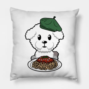 Cute furry dog eating spaghetti Pillow