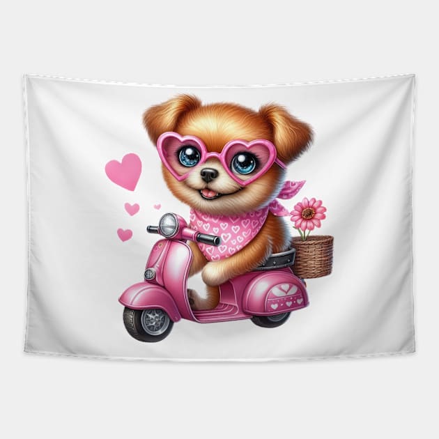 Valentine Dog In Pink Scooter Tapestry by Chromatic Fusion Studio