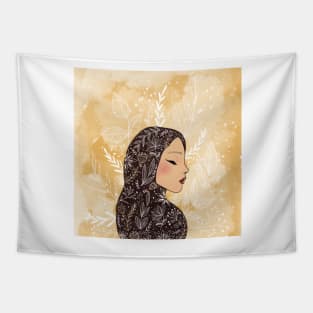 Floral hijabi girl and yellow clouds Tapestry