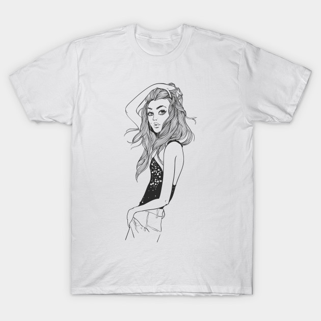 Summer Beautiful Girl Black And White Line Art Summer Girl T