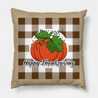 Pumpkin on Brown Plaid - Happy Thanksgiving Pillow