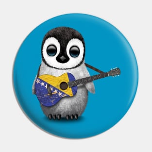 Baby Penguin Playing Bosnian Flag Guitar Pin