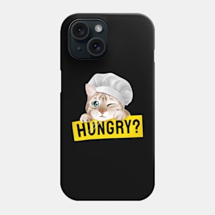 Cute cat in chef hat holding hungry sign illustration Phone Case