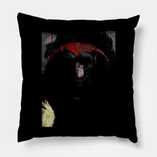 Portrait, digital collage and special processing. Dark fantasy. Tired warrior, beautiful diadem. Gray, red and blue. Pillow