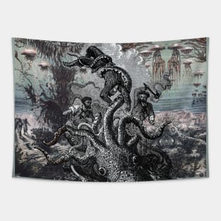 GIANT SQUID GRASPS A SAILOR Thousand Leagues Under the Sea Crespo Island Tapestry