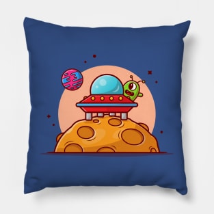 Cute Alien UFO Spaceship Landed on The Moon Cartoon Vector Icon Illustration Pillow