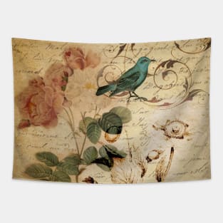 modern vintage rose bird paris french botanical floral art Tapestry