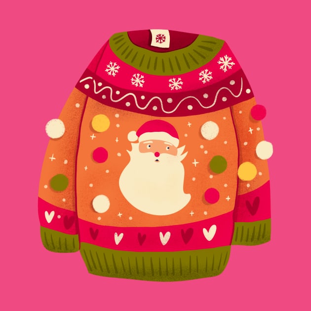 Cute Christmas sweater with Santa Claus and pom-poms. Colorful holiday illustration. by BlueLela