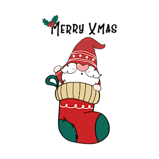 Merry Xmas With Cute Santa Gnome Christmas Sock Merry Xmas Cartoon T-Shirt