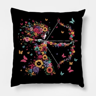 Female Archer Silhouette Of Mixed Flowers and Butterflies Pillow