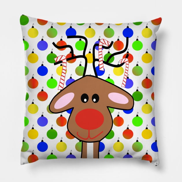 RED Nose Festive Holiday Reindeer - Cute Reindeer Art Pillow by SartorisArt1