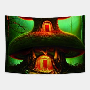 Magical Big Cottage Mushroom House with Lights in Forest with High Trees, Mushroom Aesthetic Tapestry