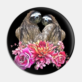 Sloths in love, lovers couple cute, romantic pink flowers Pin