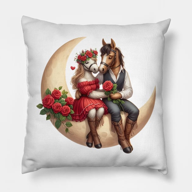 Valentine Horse Couple on Moon Pillow by Chromatic Fusion Studio