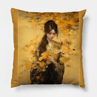 Japanese Girl With Flowers Pillow