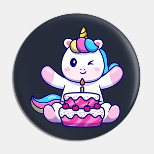 Cute Unicorn With Birthday Cake Cartoon Pin