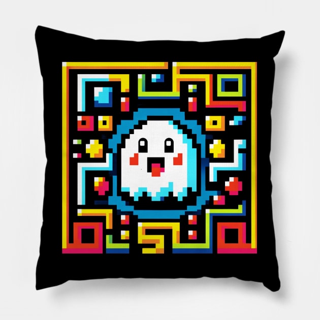 8-Bit Ghost Maze - Retro Pixel Arcade Game Design Pillow by Pixel Punkster