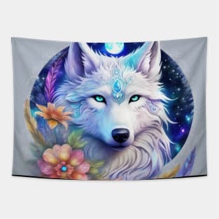 Mystical Wolf with Flowers, Full Moon, Colorful Tapestry