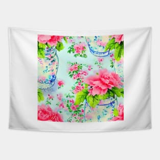 Peonies in Sevre vase shabby chic watercolor seamless pattern Tapestry