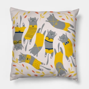 Swimsuit Cats in Sunshine Yellow Pillow