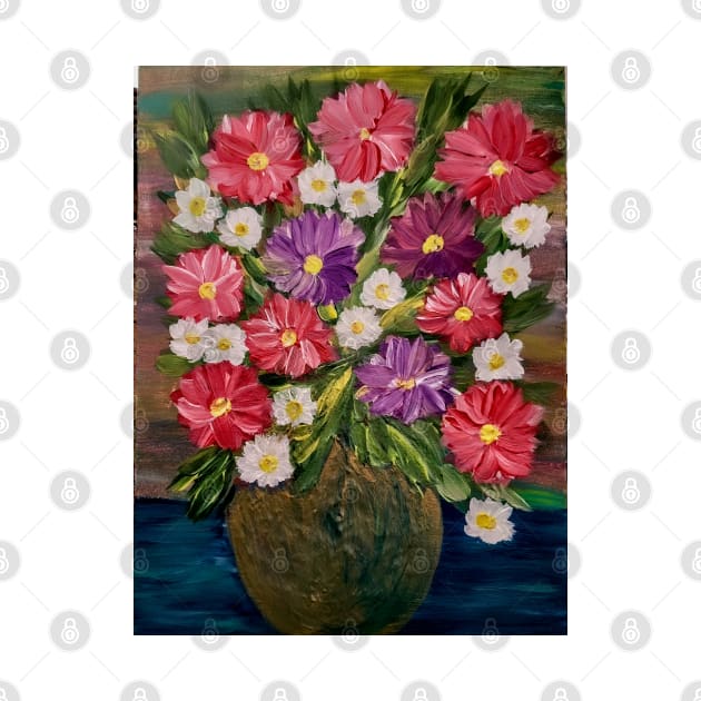 So painted a beautiful bouquet of mixed flowers in a silver vase . Using a natural background colors and metallic paints. by kkartwork
