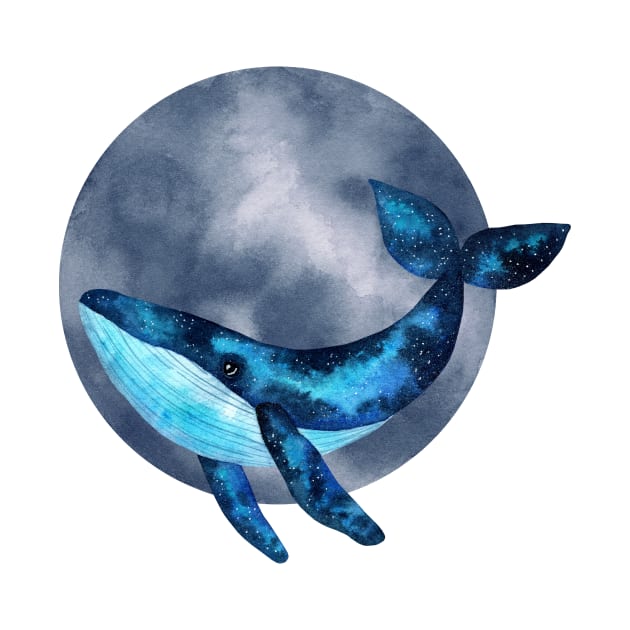 Cute watercolor space blue whale illustration with blue moon bubble by Ieva Li ART