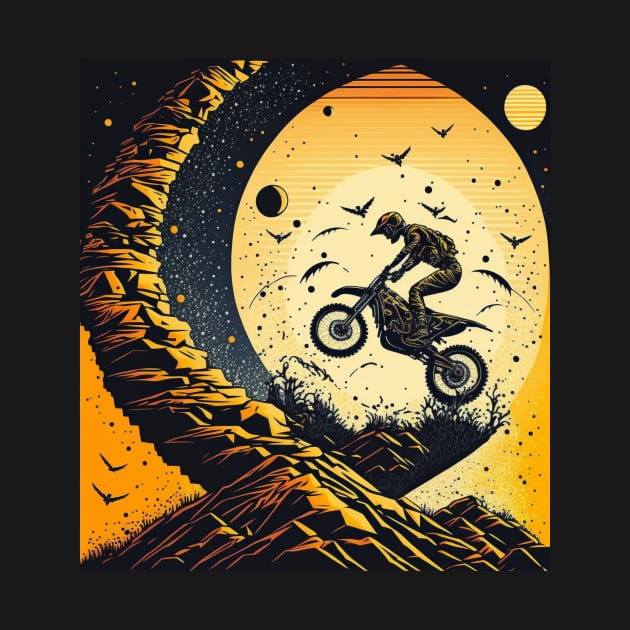 Dirt bike stunt w/moon orange and black by KoolArtDistrict