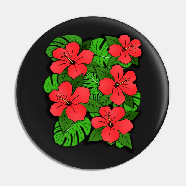 Red Hibiscus Flowers & Monstera Leaves Pin by RockettGraph1cs