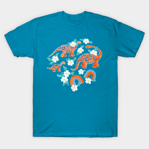 Discover Dotty Dinos with Rainbows and White Flowers - Dinosaur - T-Shirt