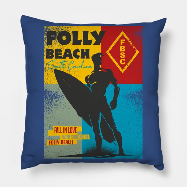 Folly Beach  South Carolina Surfer Silhouette Distressed Pillow by Alexander Luminova