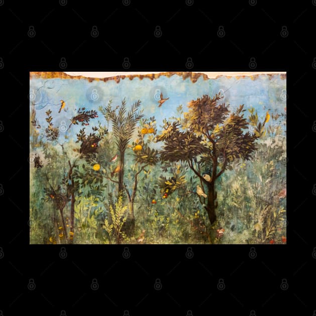 ANTIQUE ROMAN WALL PAINTING Flower Garden,Flying Birds ,Quince and Apple Trees by BulganLumini