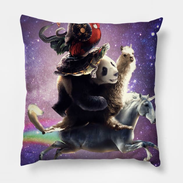 Cat Riding Chicken Turtle Panda Llama Unicorn Pillow by Random Galaxy