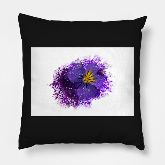 Purple pansy with paint splatter effect Pillow by RosNapier