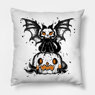 Halloween pumpkin and spooky cat vampire 2022 decoration ink drawing Pillow