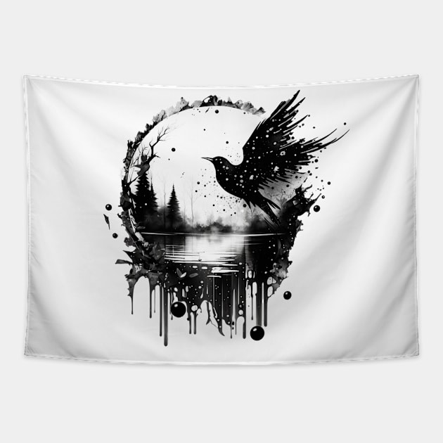 Monochrome Mystique: Ink Splatter Raven in Round Shadow Box Tapestry by Scribbles2Baubles