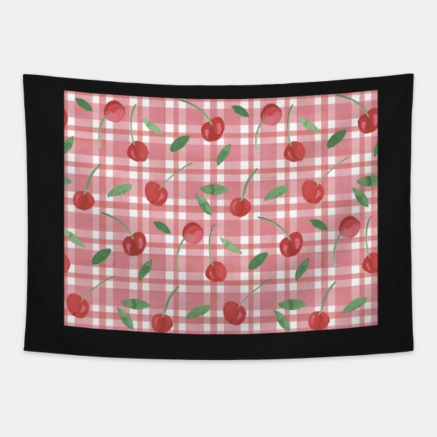 Cheery Cherry Check | Red Picnic Gingham Style Pattern Tapestry by gloobella