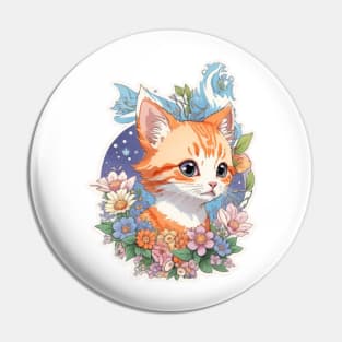 A Print Of Vivid Cute Kitten Cat Head With Fantasy Flowers Pin