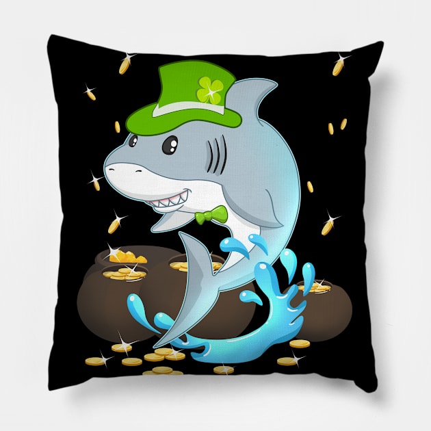 Funny Shark With Irish Hat Shamrock St.Patrick's Day Pillow by TheBeardComic