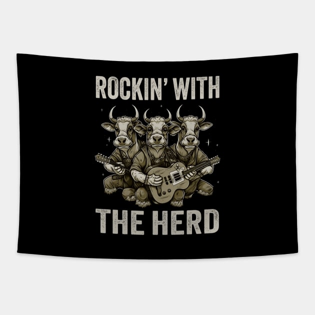 Rockin With The Herd Guitar Cow Band Fun Tapestry by Foxxy Merch