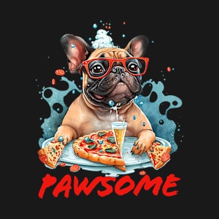 French Bulldog Wearing Glasses Eating Pizza T-Shirt